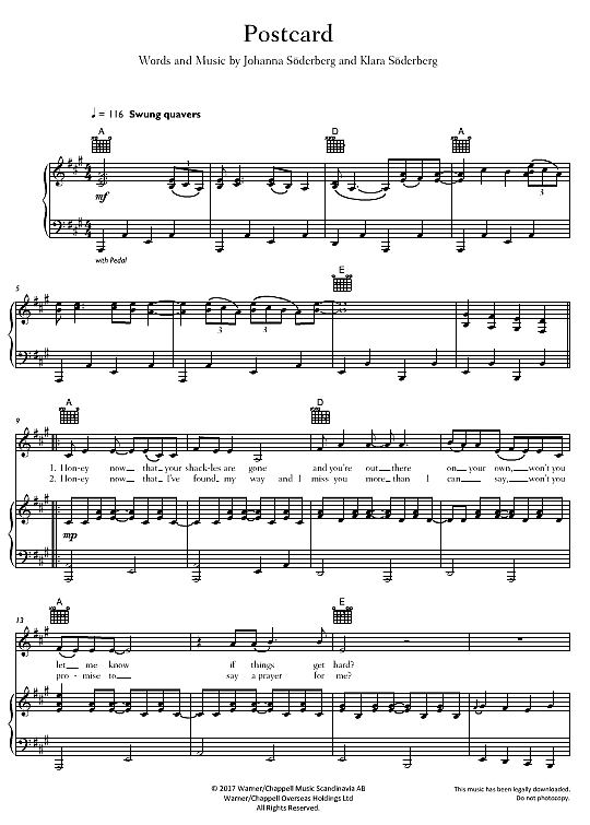 Postcard Klavier, Gesang & Gitarre PDF Noten von First Aid Kit in A