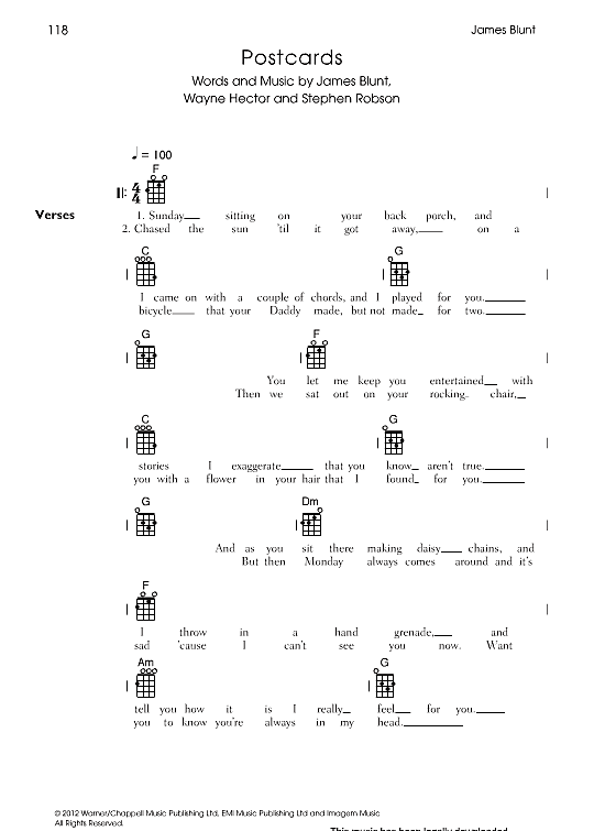 Postcards Ukulele Chord Songbook PDF Noten von James Blunt in F Dur