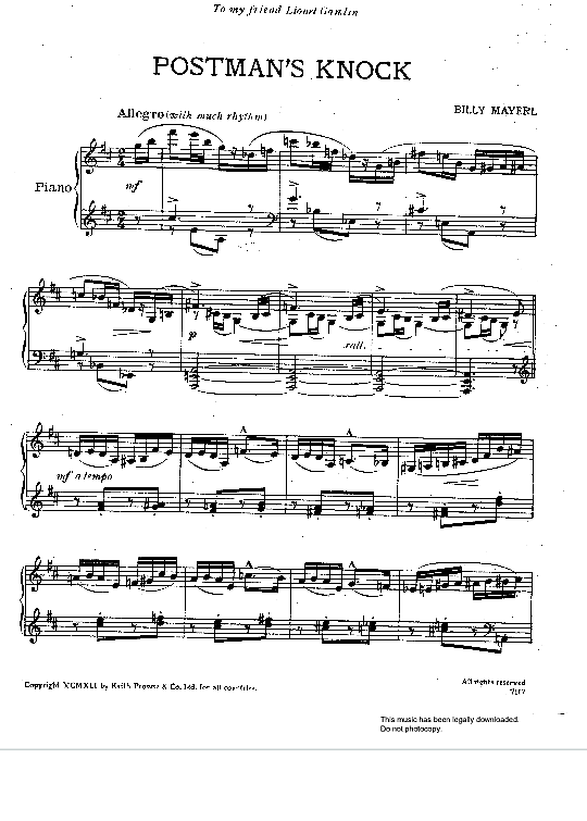 Postman s Knock Klavier Solo PDF Noten von Billy Mayerl in D Dur