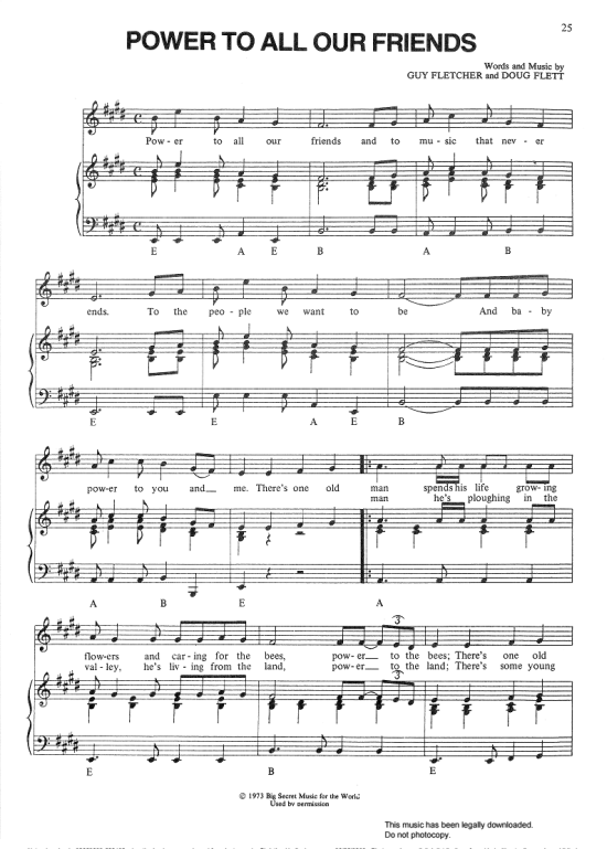 Power To All Our Friends Klavier, Gesang & Gitarre PDF Noten von