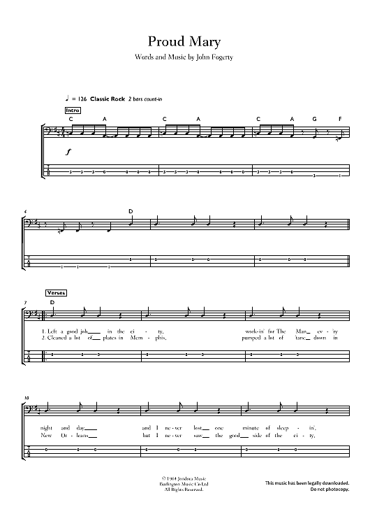 Proud Mary Bass Tab PDF Noten von Creedence Clearwater Revival in D