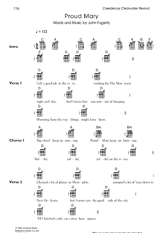Proud Mary Ukulele Chord Songbook PDF Noten von Creedence Clearwater