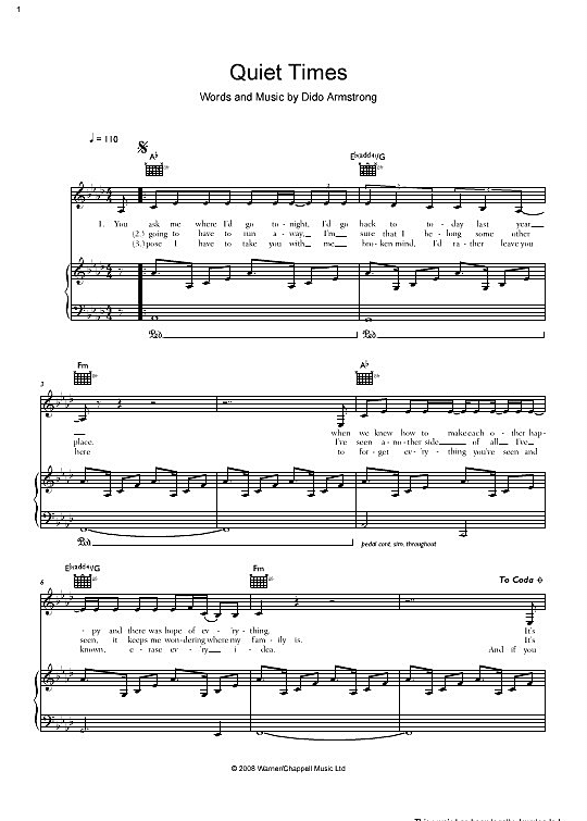Quiet Times Klavier, Gesang & Gitarre PDF Noten von Dido in fbd4503
