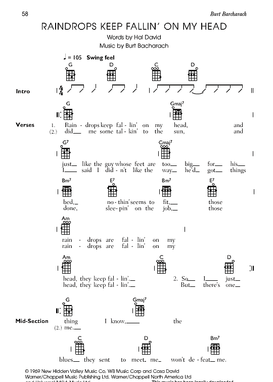 raindrops keep fallin on my head ukulele chord songbook burt bacharach