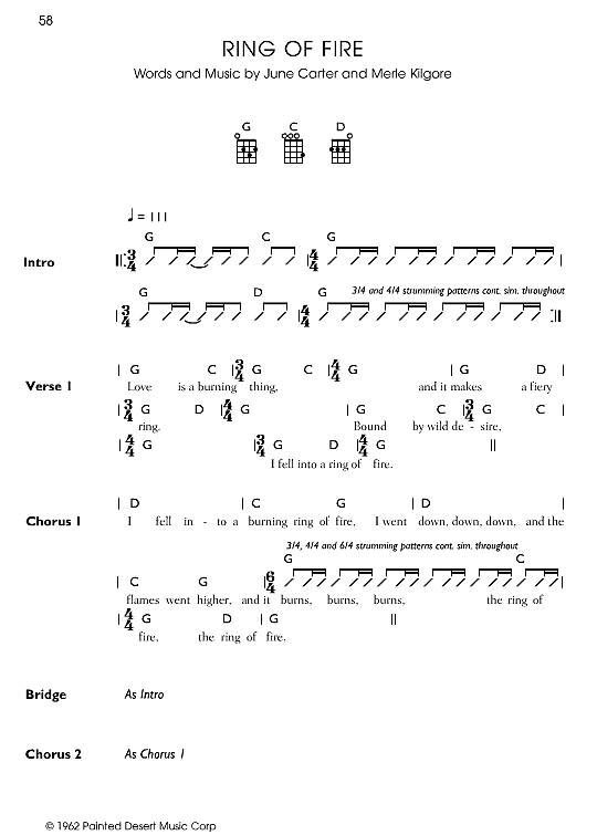 Ring Of Fire Ukulele Chord Songbook PDF Noten von Johnny Cash in G