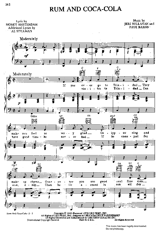 Rum and Coca Cola Klavier & Gesang PDF Noten von Paul Baron in C Dur