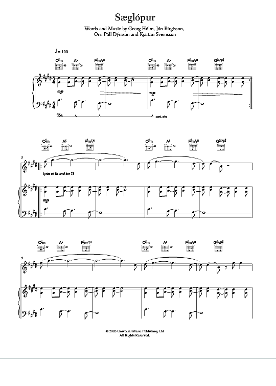 Saglopur Klavier, Gesang & Gitarre - PDF Noten von Sigur Ros in Cis ...