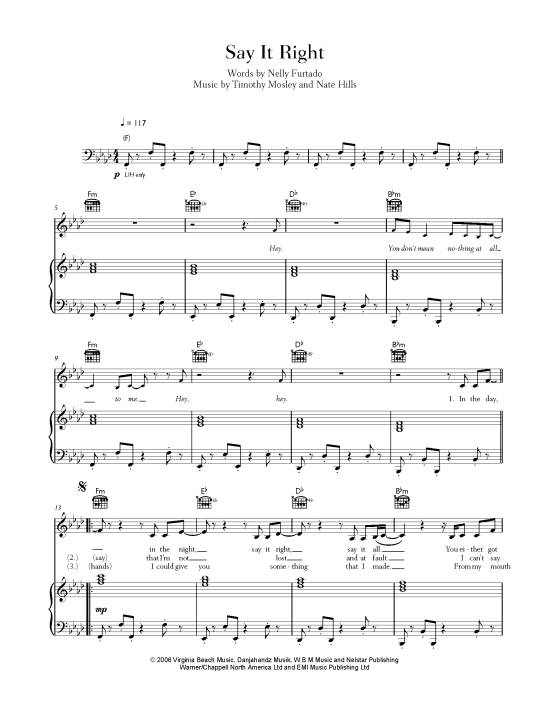 Say it right klavier gesang gitarre pdf noten von nelly furtado in