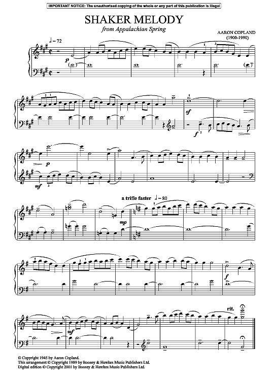 Shaker Melody Klavier Solo PDF Noten von Aaron Copland in fbd8245