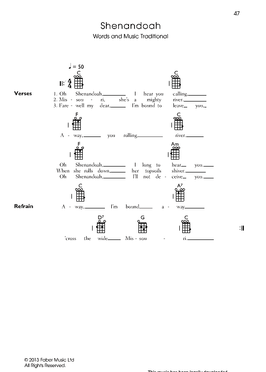 Shenandoah Ukulele Chord Songbook PDF Noten von Traditional in C Dur