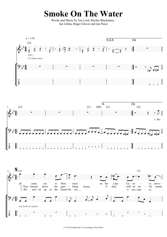 Smoke On The Water Bass Tab - PDF Noten von Deep Purple in - fbd-3476
