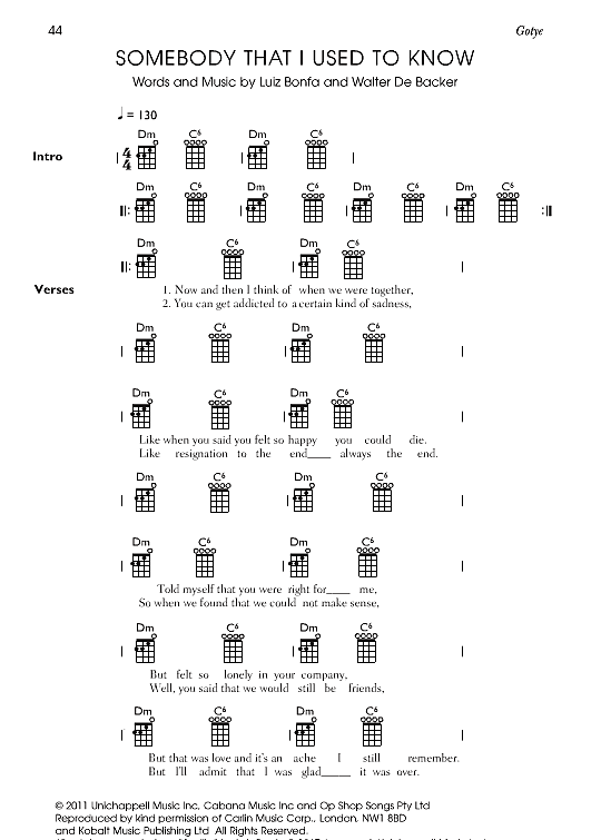 Somebody That I Used To Know excl. UK claim Ukulele Chord Songbook PDF Noten von Gotye in C Dur