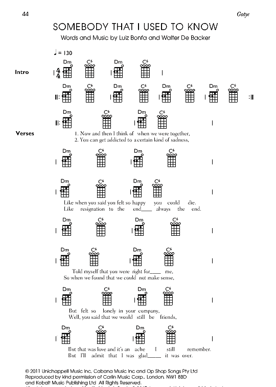 somebody that i used to know excl. uk claim ukulele chord songbook gotye