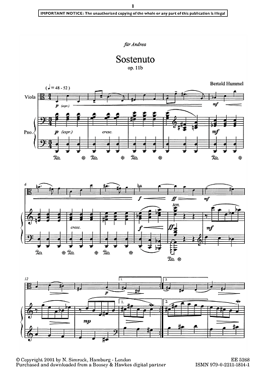 sostenuto, op. 11b klavier & melodieinstr. bertold hummel