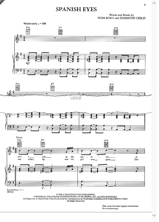 Spanish Eyes Klavier, Gesang & Gitarre PDF Noten von Ricky Martin in