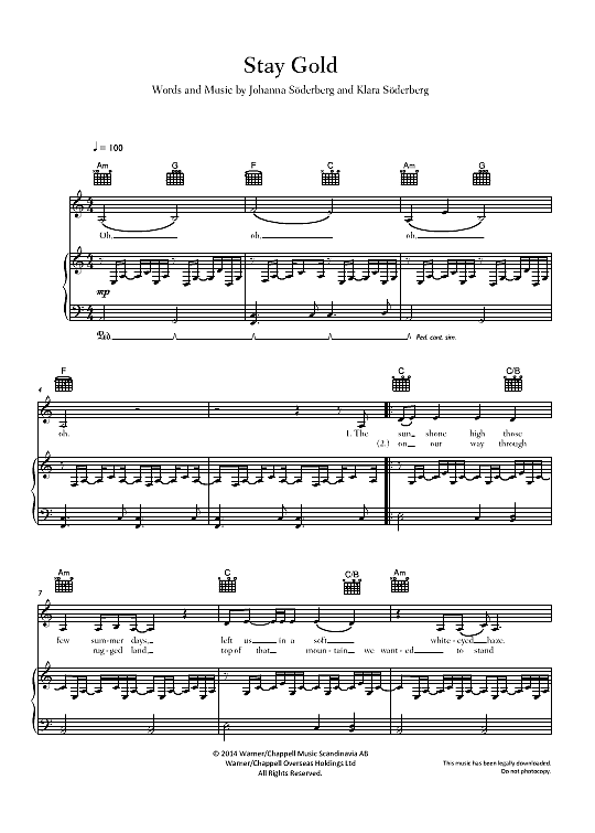 Stay Gold Klavier, Gesang & Gitarre PDF Noten von First Aid Kit in