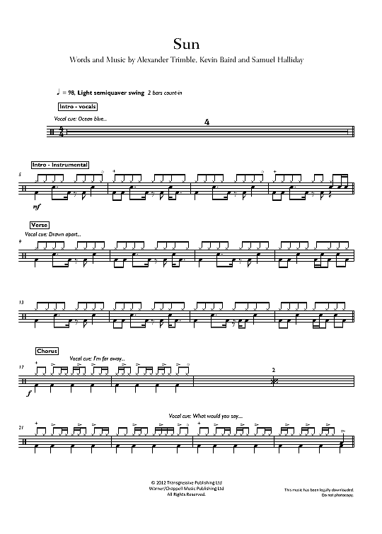 Sun Schlagzeug Chart - PDF Noten von Two Door Cinema Club in - fbd-27195
