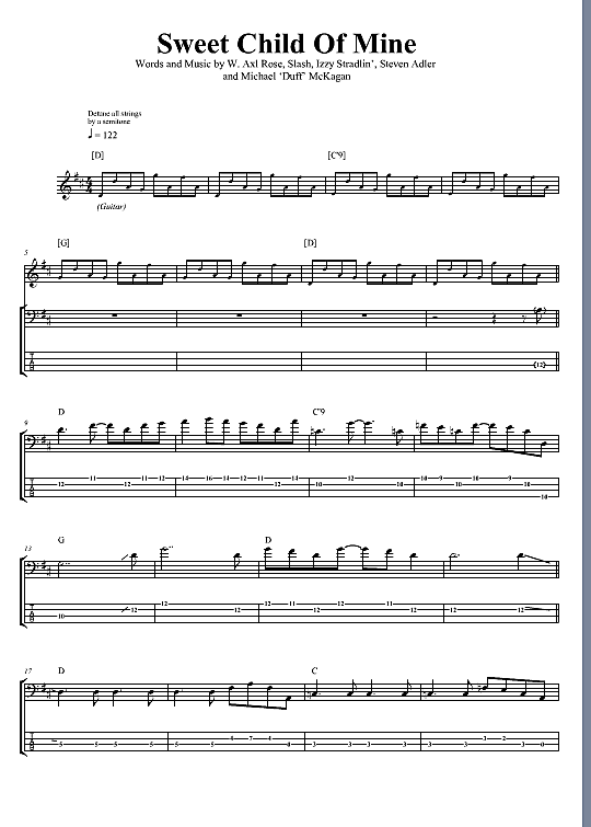Sweet Child O Mine Bass Tab PDF Noten von Guns N Roses in D Dur fbd