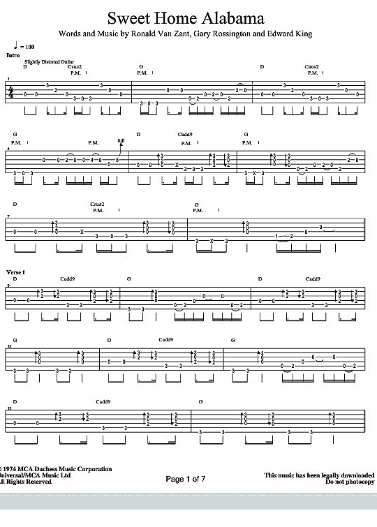 sweet home alabama gitarre tab lynyrd skynyrd