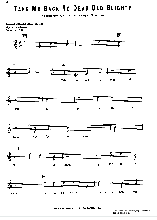 Take Me Back To Dear Old Blighty Keyboard PDF Noten von A. J. Mills