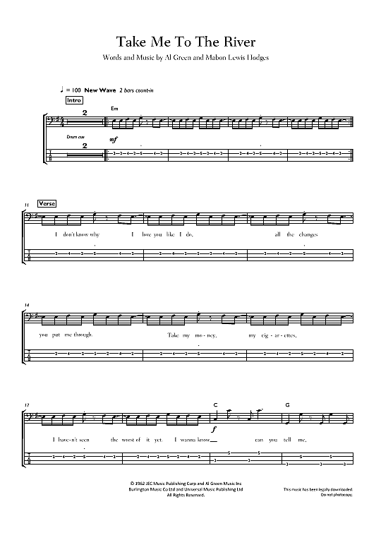 Take Me To The River Bass Tab - PDF Noten von Talking Heads in E Moll ...