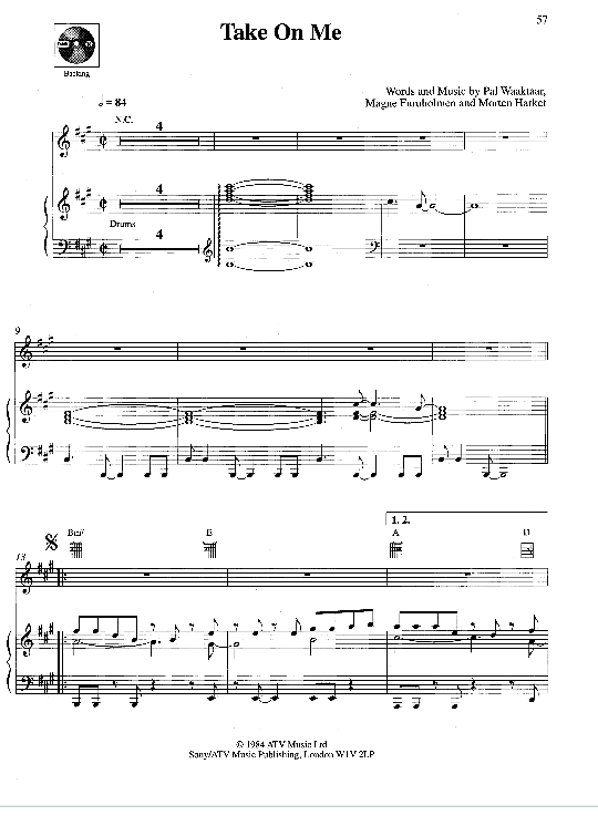 Take On Me Klavier, Gesang & Gitarre PDF Noten von Pal Waaktaar in A