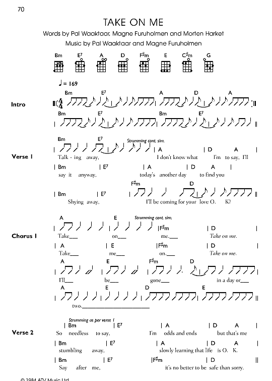 Take On Me Ukulele Chord Songbook PDF Noten von AHa in H Moll fbd