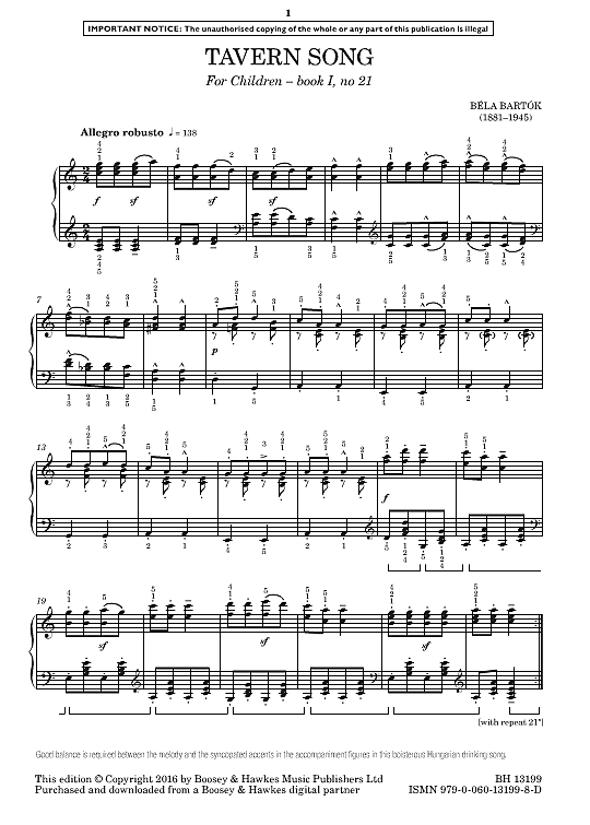 tavern song from for children book i, no. 21 klavier solo bela bartok