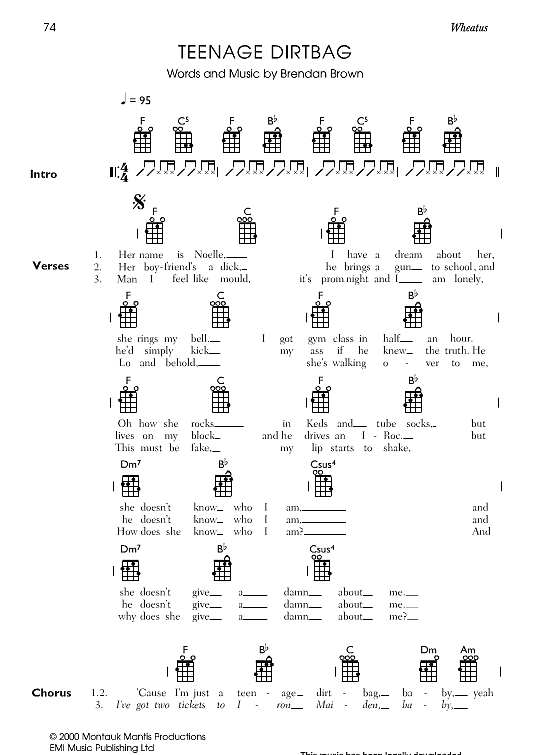 Teenage Dirtbag Ukulele Chord Songbook PDF Noten von Wheatus in F Dur