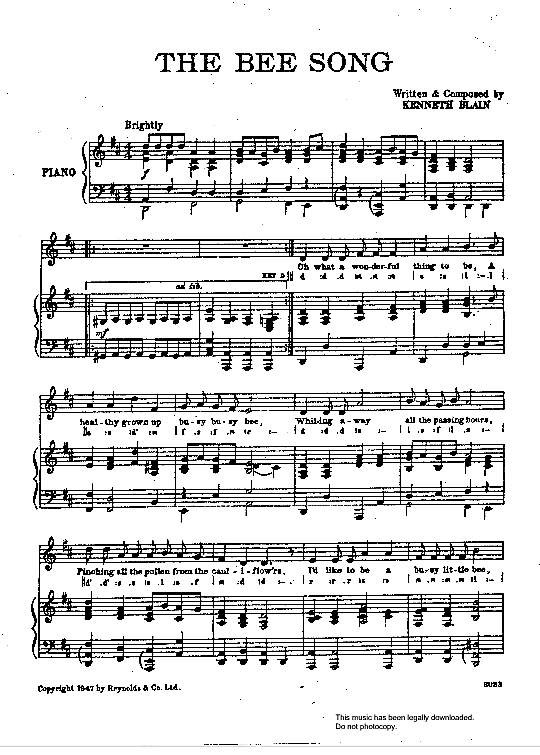 The Bee Song Klavier & Gesang PDF Noten von Arthur Askey in D Dur