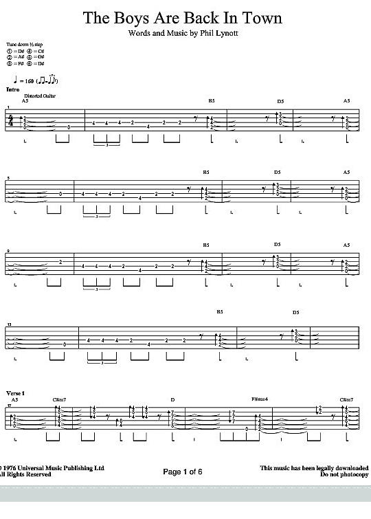 The Boys Are Back In Town Gitarre TAB PDF Noten von Thin Lizzy in