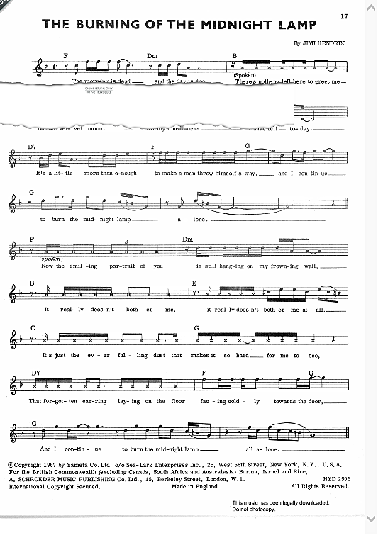 The Burning Of The Midnight Lamp Melodie & Akkorde PDF Noten von Jimi