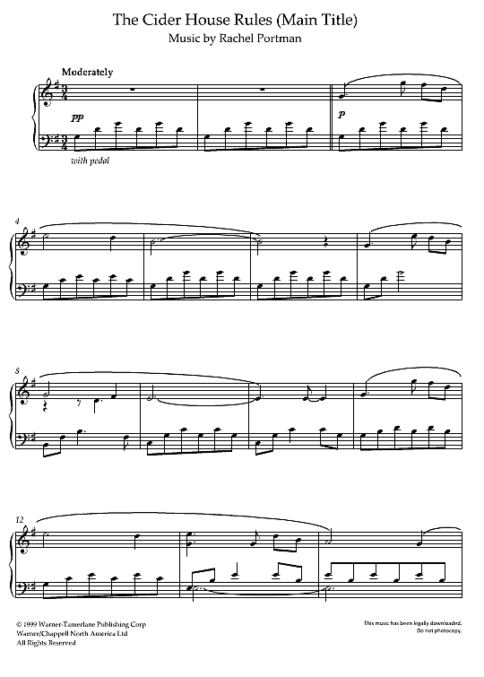 The Cider House Rules Main Title Klavier Solo PDF Noten von Rachel