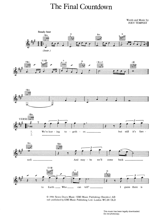 The Final Countdown Melodie & Akkorde PDF Noten von Europe in Fis