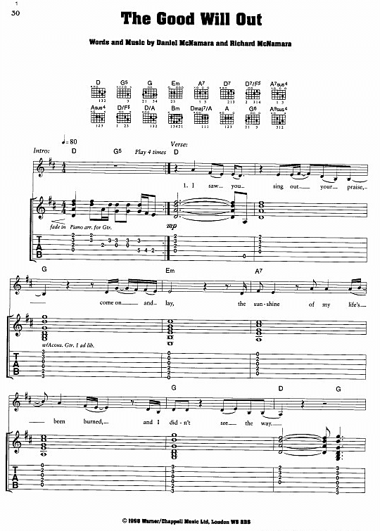 The Good Will Out Gitarre TAB PDF Noten von Embrace in D Dur fbd2676