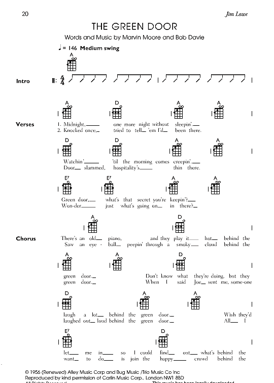The Green Door Ukulele Chord Songbook PDF Noten von Jim Lowe in A Dur