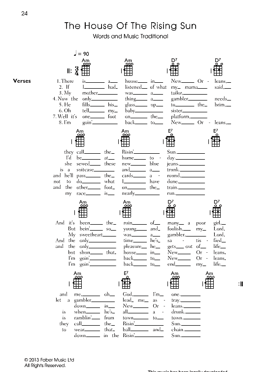 The House Of The Rising Sun Ukulele Chord Songbook PDF Noten von The Animals in A Moll