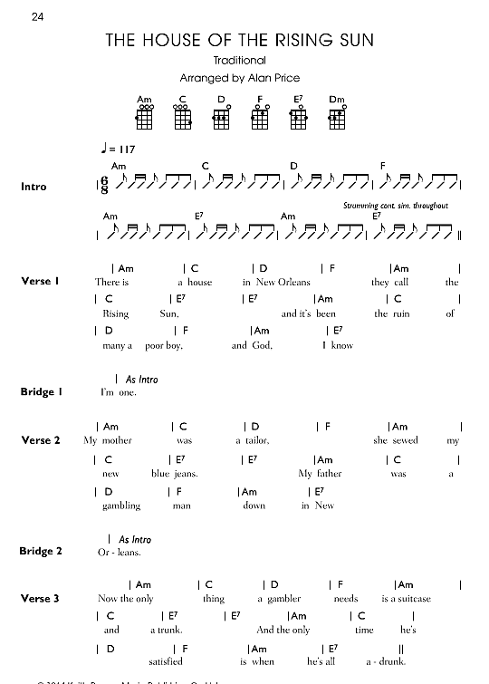 The House Of The Rising Sun Ukulele Chord Songbook PDF Noten von The Animals in A Moll