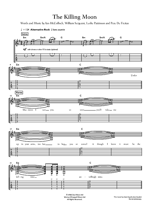 The Killing Moon Gitarre TAB PDF Noten von Echo & The Bunnymen in E