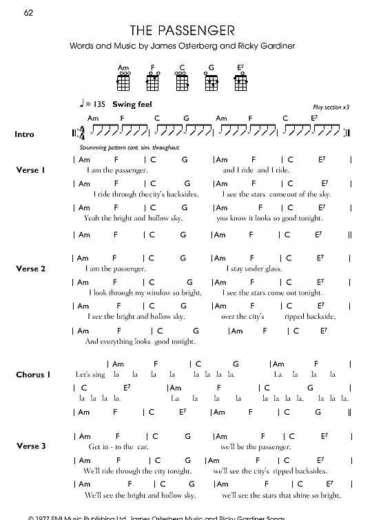 The Passenger Ukulele Chord Songbook PDF Noten von Iggy Pop in A Moll
