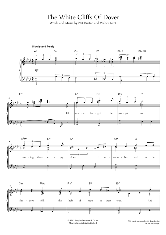 The White Cliffs Of Dover Klavier einfach PDF Noten von Vera Lynn in