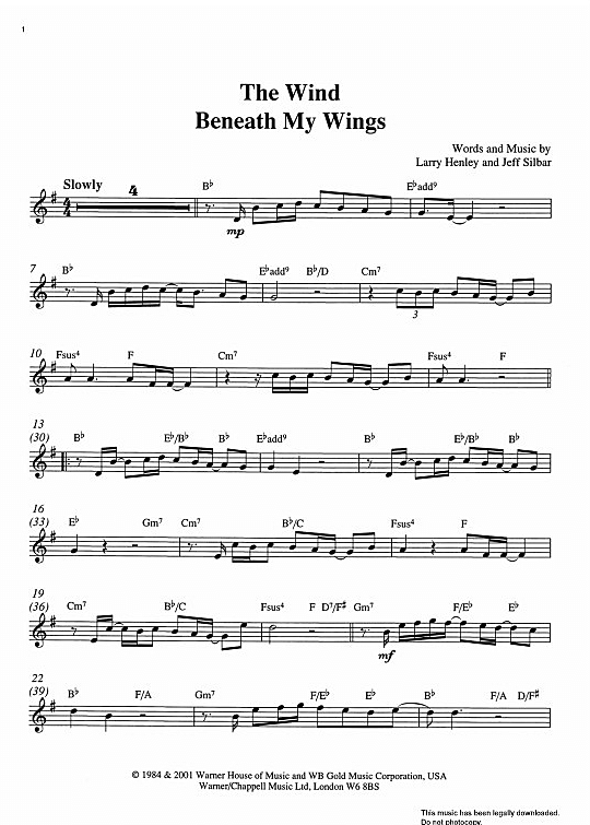 The Wind Beneath My Wings Solo 1 St. PDF Noten von Bette Midler in fbd4111