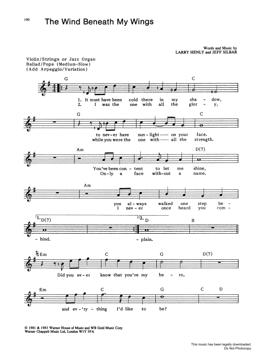 The Wind Beneath My Wings Melodie & Akkorde PDF Noten von Larry Henly