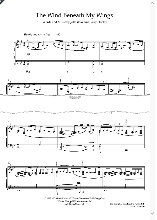 The Wind Beneath My Wings Klavier Solo PDF Noten von Bette Midler in