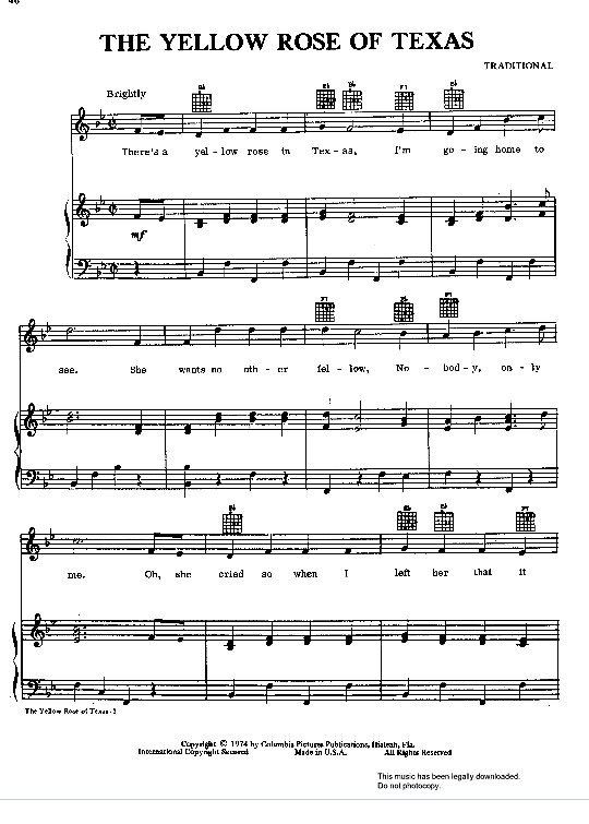 The Yellow Rose of Texas Klavier, Gesang & Gitarre PDF Noten von