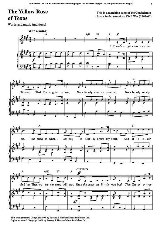 The Yellow Rose of Texas Klavier & Gesang PDF Noten von Traditional