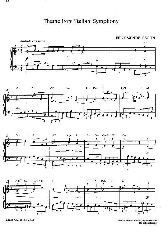 theme from italian symphony klavier solo felix mendelssohn