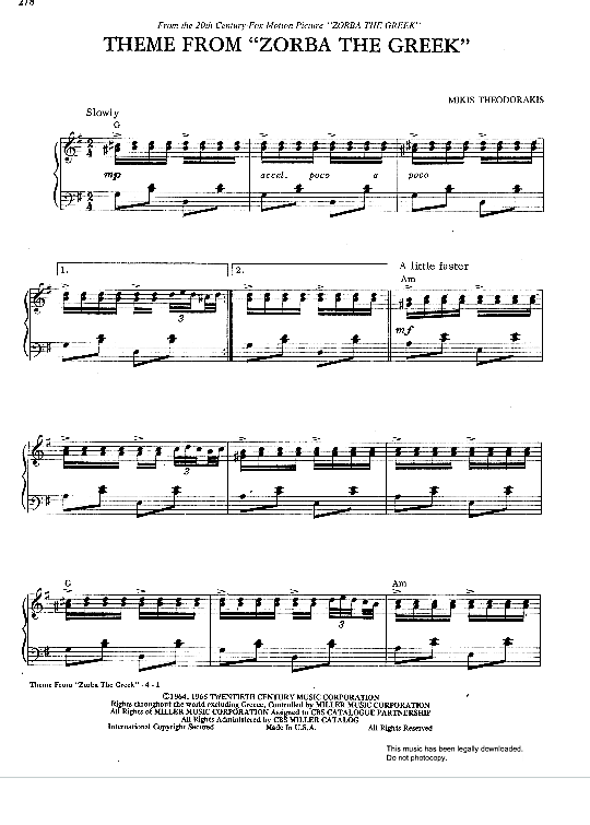 Theme from Zorba The Greek Klavier Solo PDF Noten von Mikis