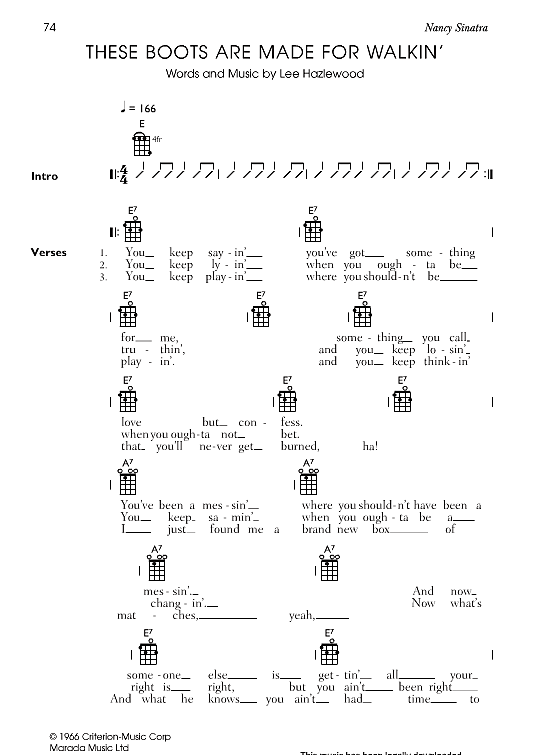These Boots Are Made For Walkin Ukulele Chord Songbook PDF Noten von