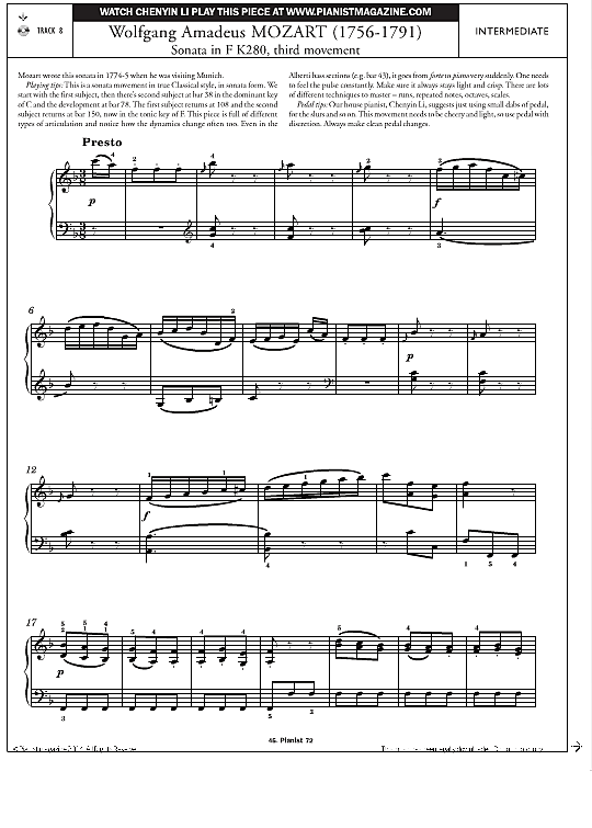 Third Movement from Sonata in F K280 Klavier Solo PDF Noten von